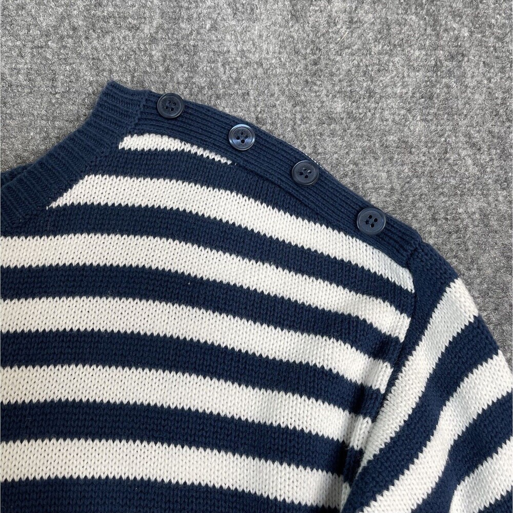Orvis Sweater Womens Medium Navy Striped Scalloped Hem Button Accent Cotton - Picture 6 of 10